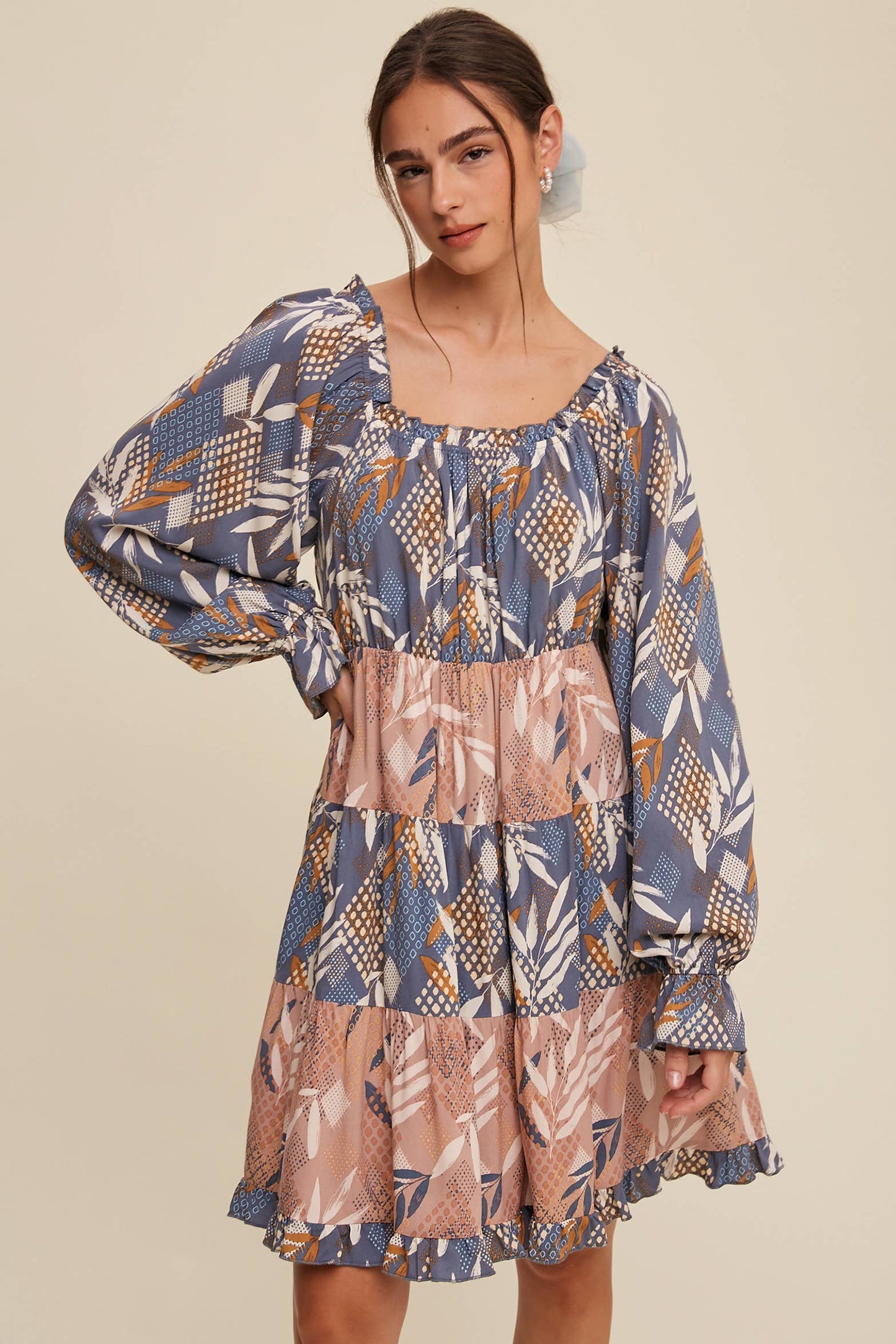 Patchwork Puff-Sleeve Tiered Mini Dress