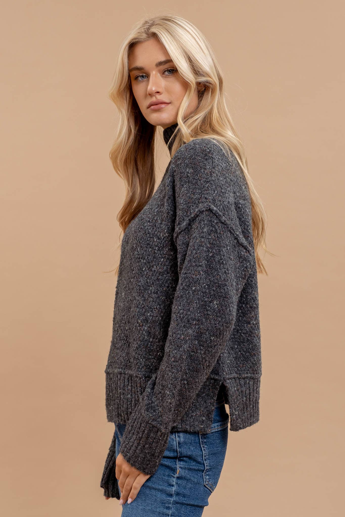 WOOL BLEND MOCK NECK LONG SLEEVE SWEATER
