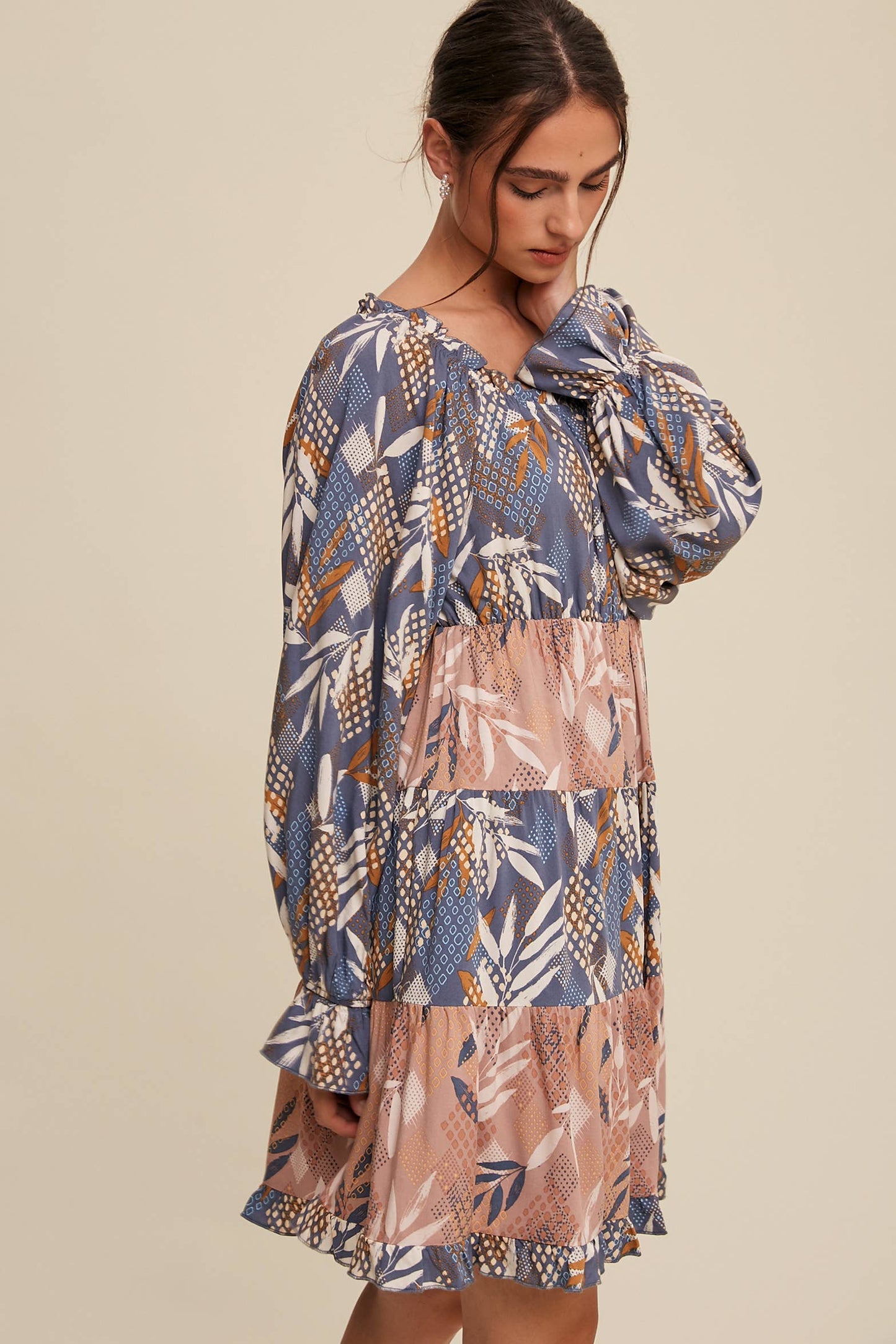 Patchwork Puff-Sleeve Tiered Mini Dress