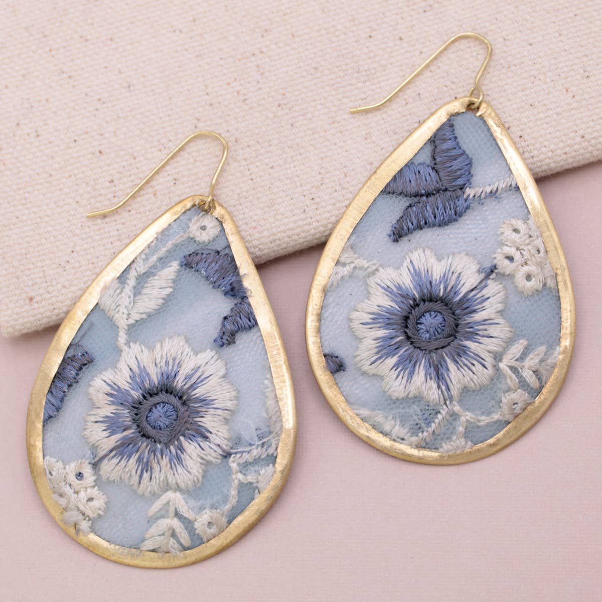 Light Blue Floral Embroidred Earrings