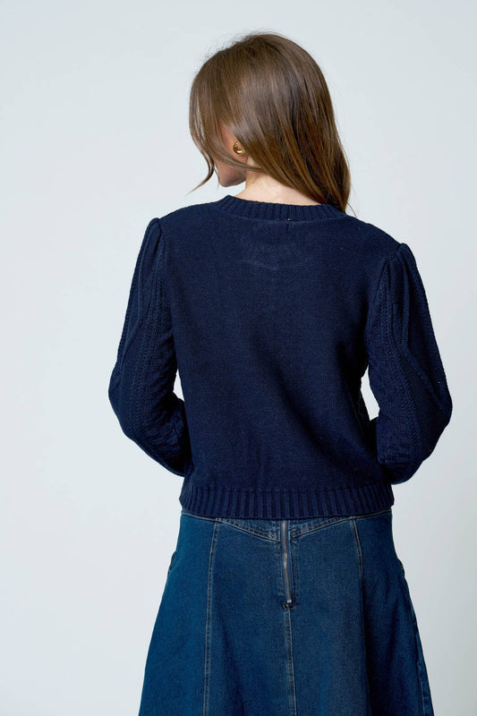FLORAL EMBROIDERED CABLE KNIT BUTTON DOWN CARDIGAN