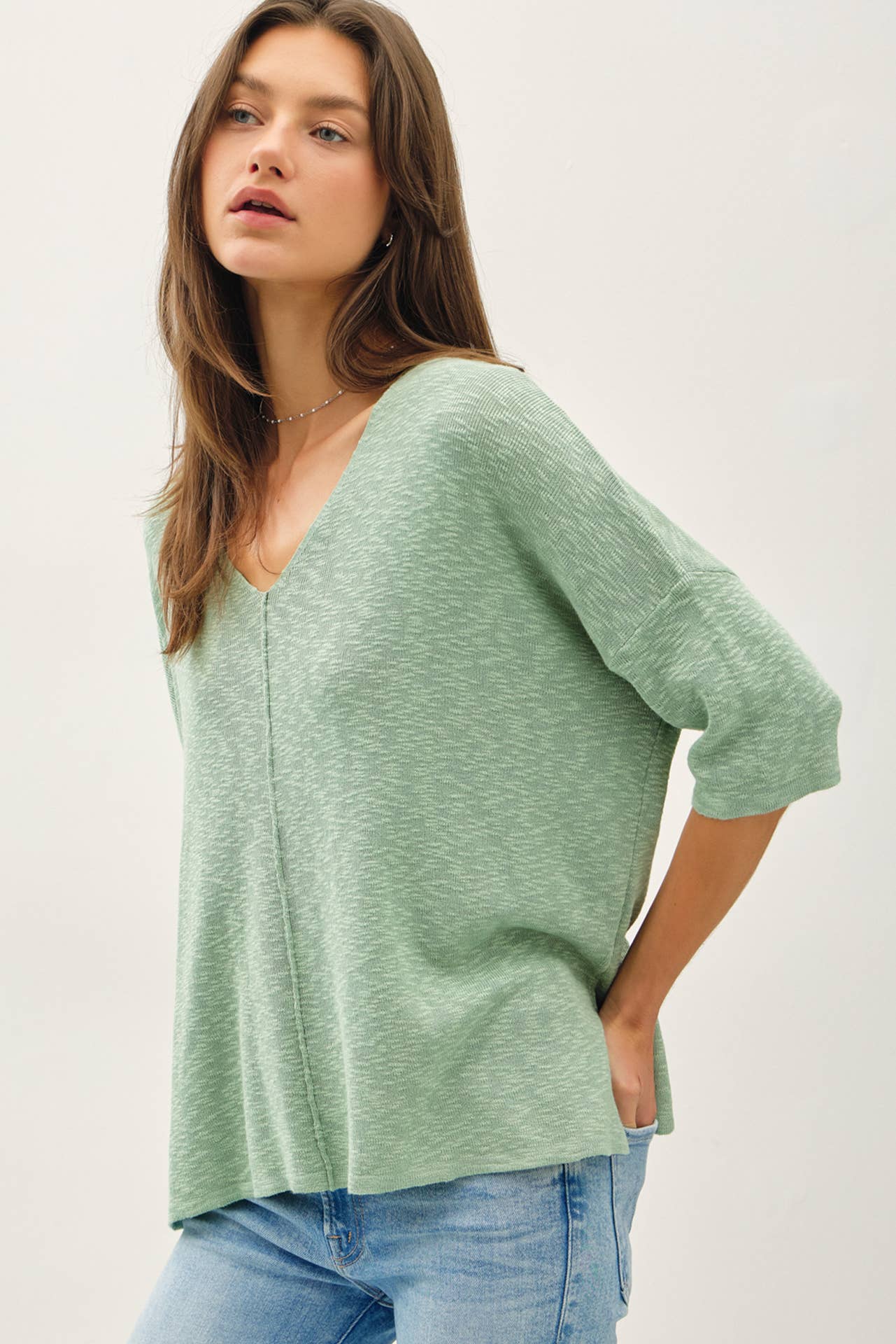 RELAXED FIT 1/2 SLEEVE COTTON SLUB SWEATER