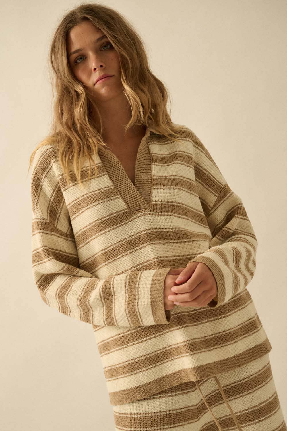 Striped Knit Split-Neck Collared Polo Sweater