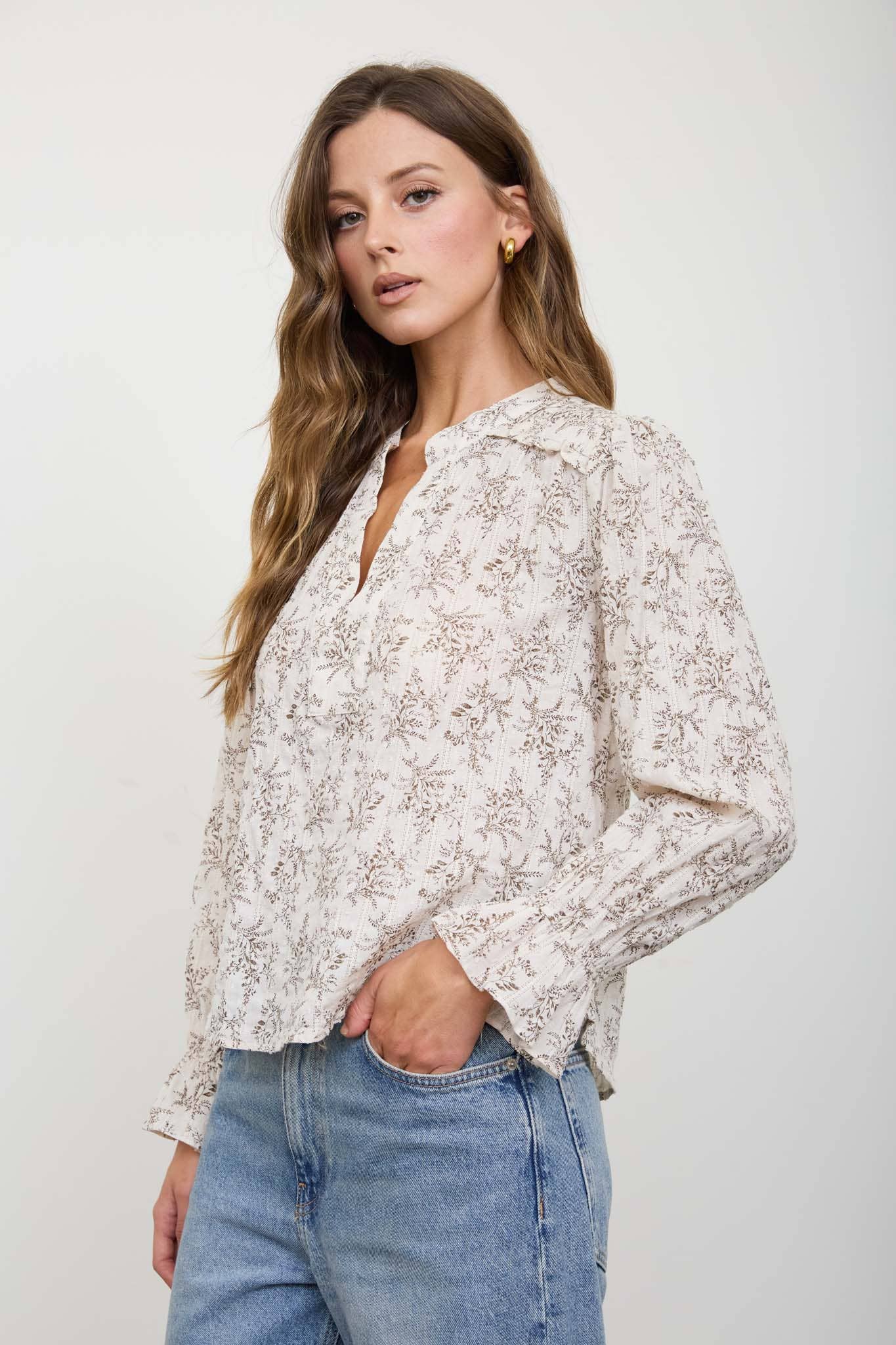 FLORAL LEAF PRINT SPLIT NECK LONG SLEEVE BLOUSE