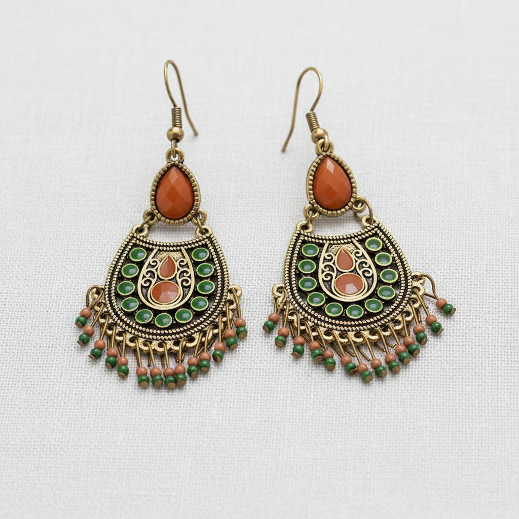 Vintage Resin Teardrop Beaded Tassel Earrings