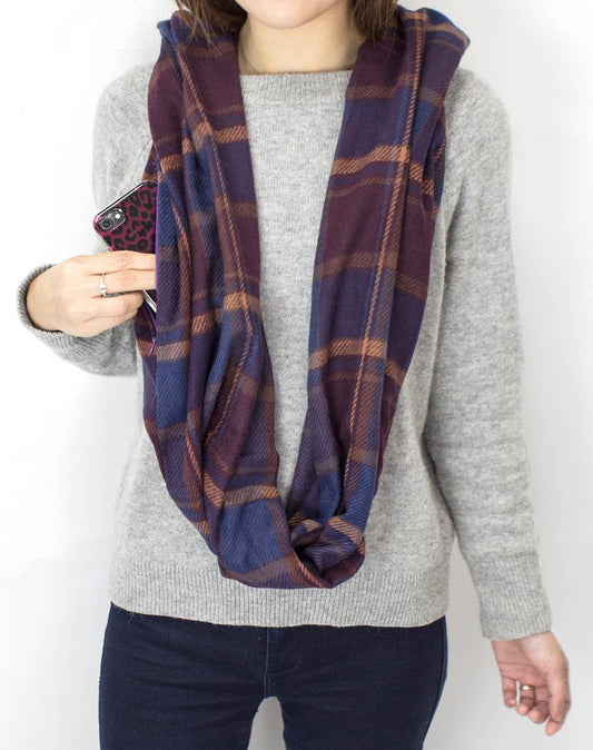 Stylish Plaid Infinity Scarf with Hidden Zipper Pocket