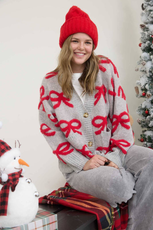 BOW PATTERN BUTTON DOWN KNIT CARDIGAN