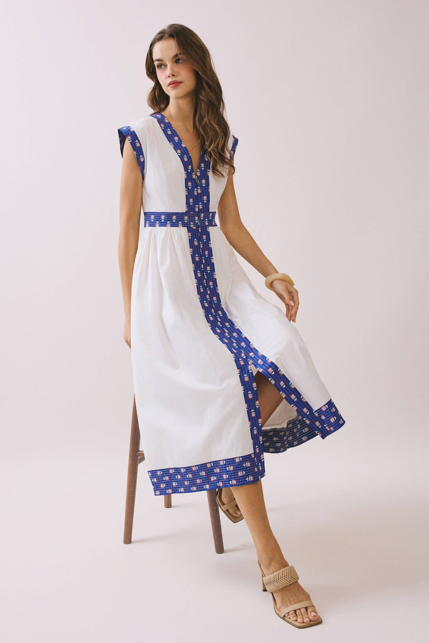 Contrast Quilted Printed Trim Detail V Neck Midi Dress