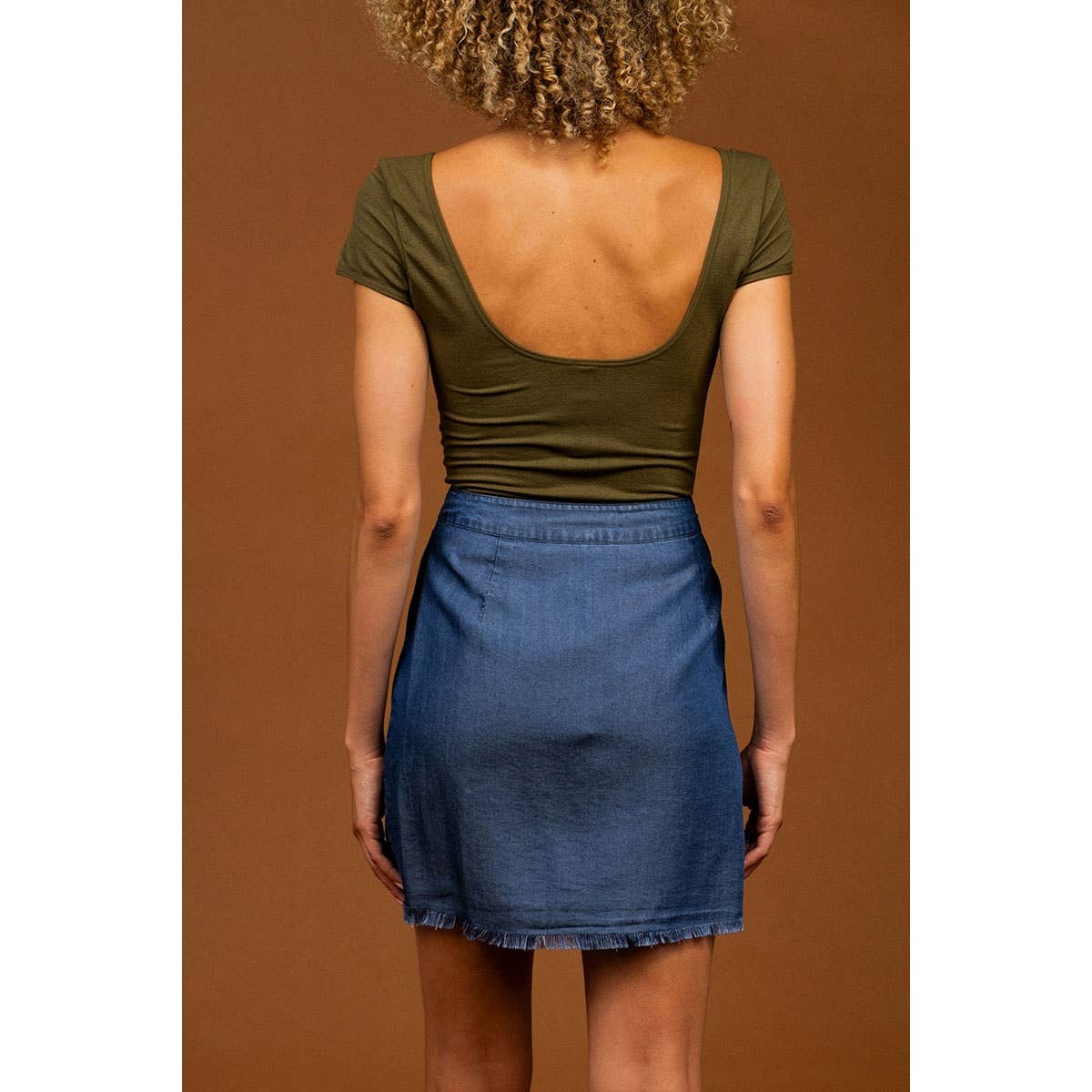 Asymmetrical Wrap Tencel Skirt With Fray Hem Topstitch Detai