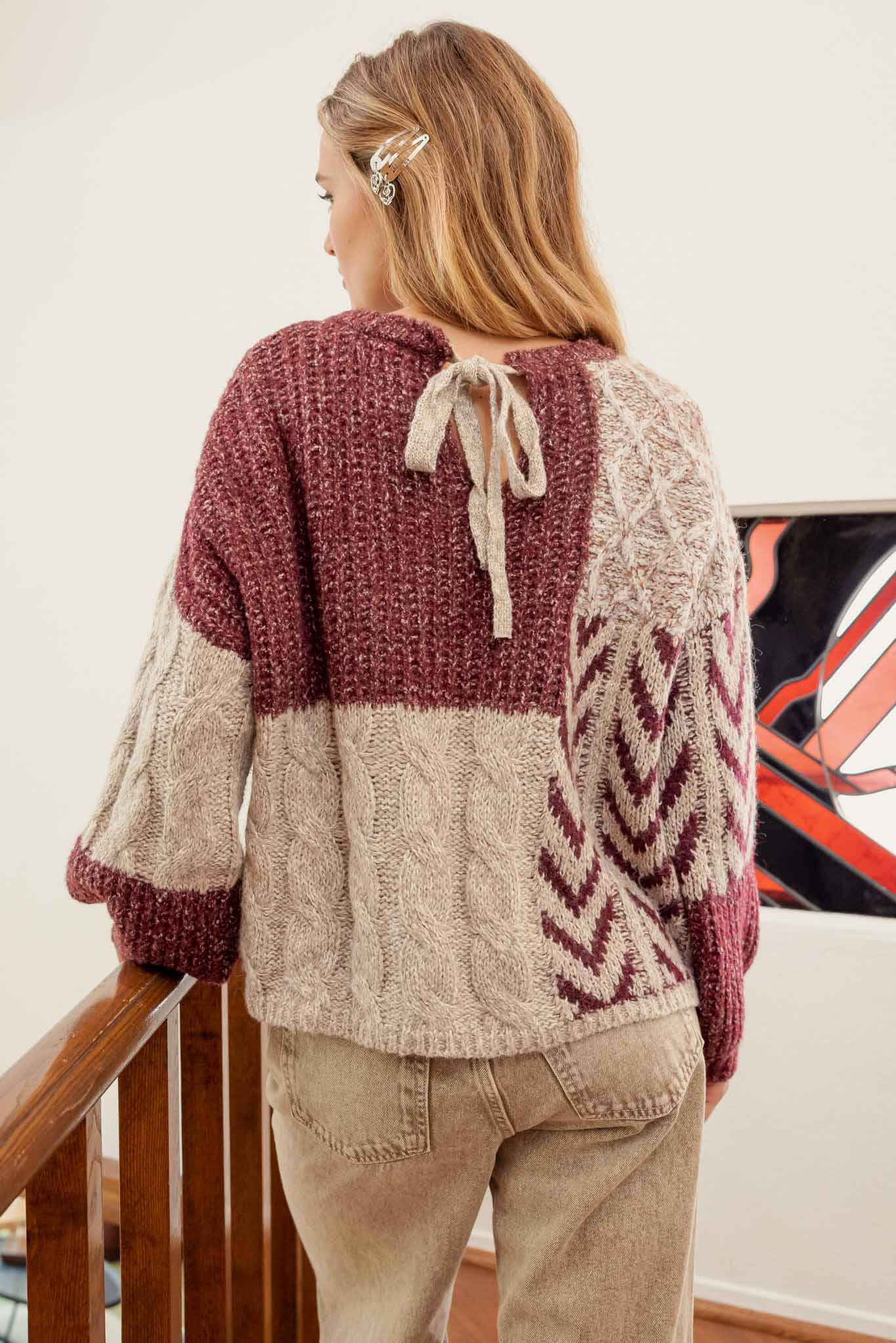 COLORBLOCK CHEVRON CABLE KNIT SWEATER