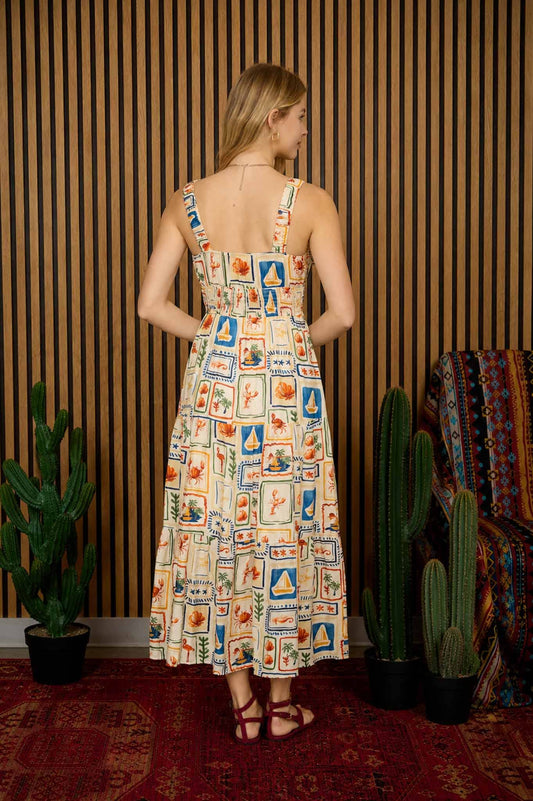 MARINE MOTIF FRONT TIE SMOCKED WAIST MIDI DRESS