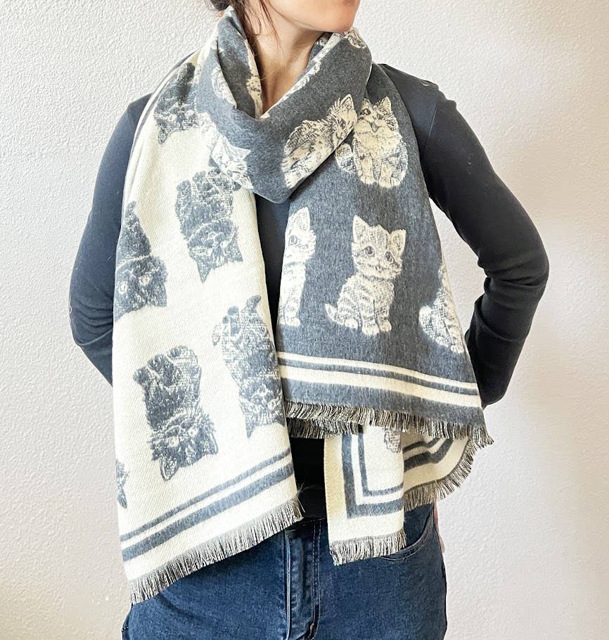 Kitten Print Reversible Cashmere Wrap Scarf