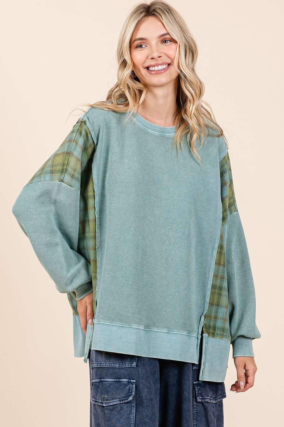 PLAID PANEL MINERAL WASH FRENCH TERRY SWEATSHIRT