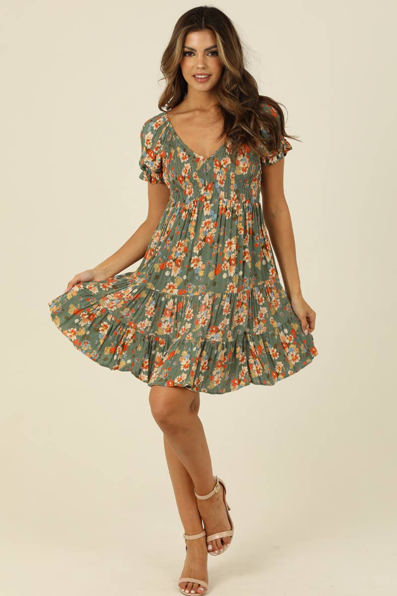 V NECK SMOCKED BODICE SHORT SLEEVE DRESS