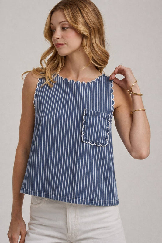 WASHED STRIPE DENIM SLEEVELESS TOP WITH SCALLOPED EDGE