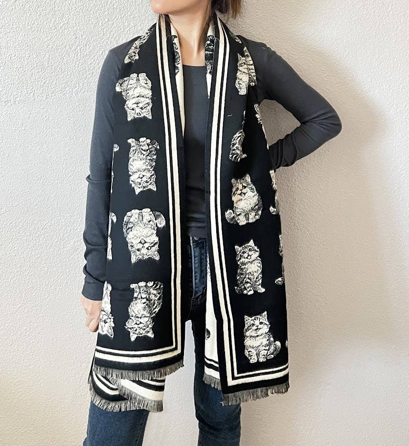 Kitten Print Reversible Cashmere Wrap Scarf