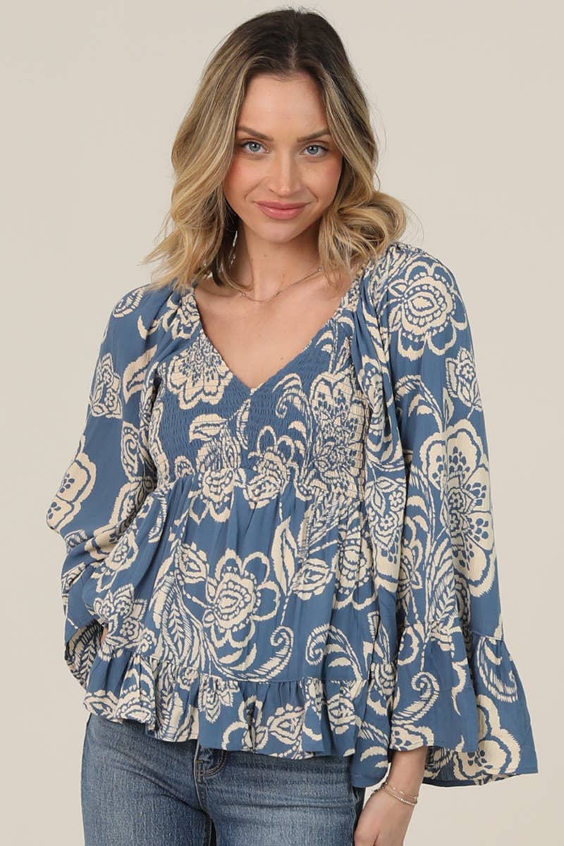 SMOCKED BUST WIDE FLARE BELL SLEEVE PRINTED TOP