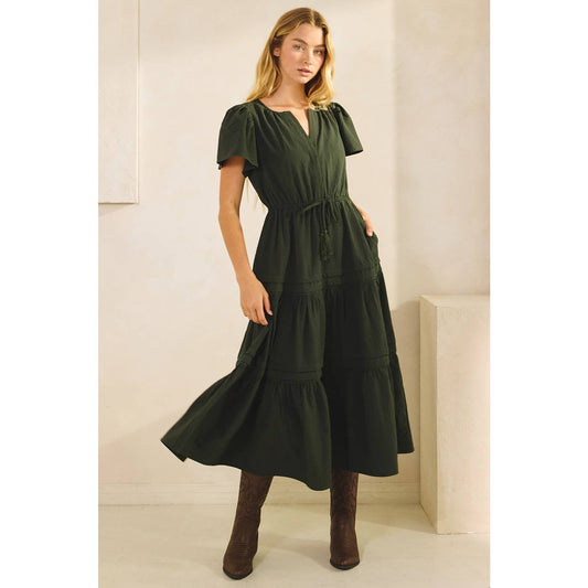 TEXTURED PINTUCK BELL SLEEVE TASSEL TIE MIDI DRESS