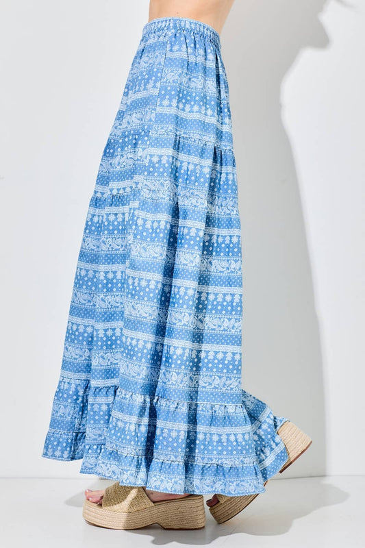 PRINTED PAISLEY ELASTIC WAIST MAXI SKIRT