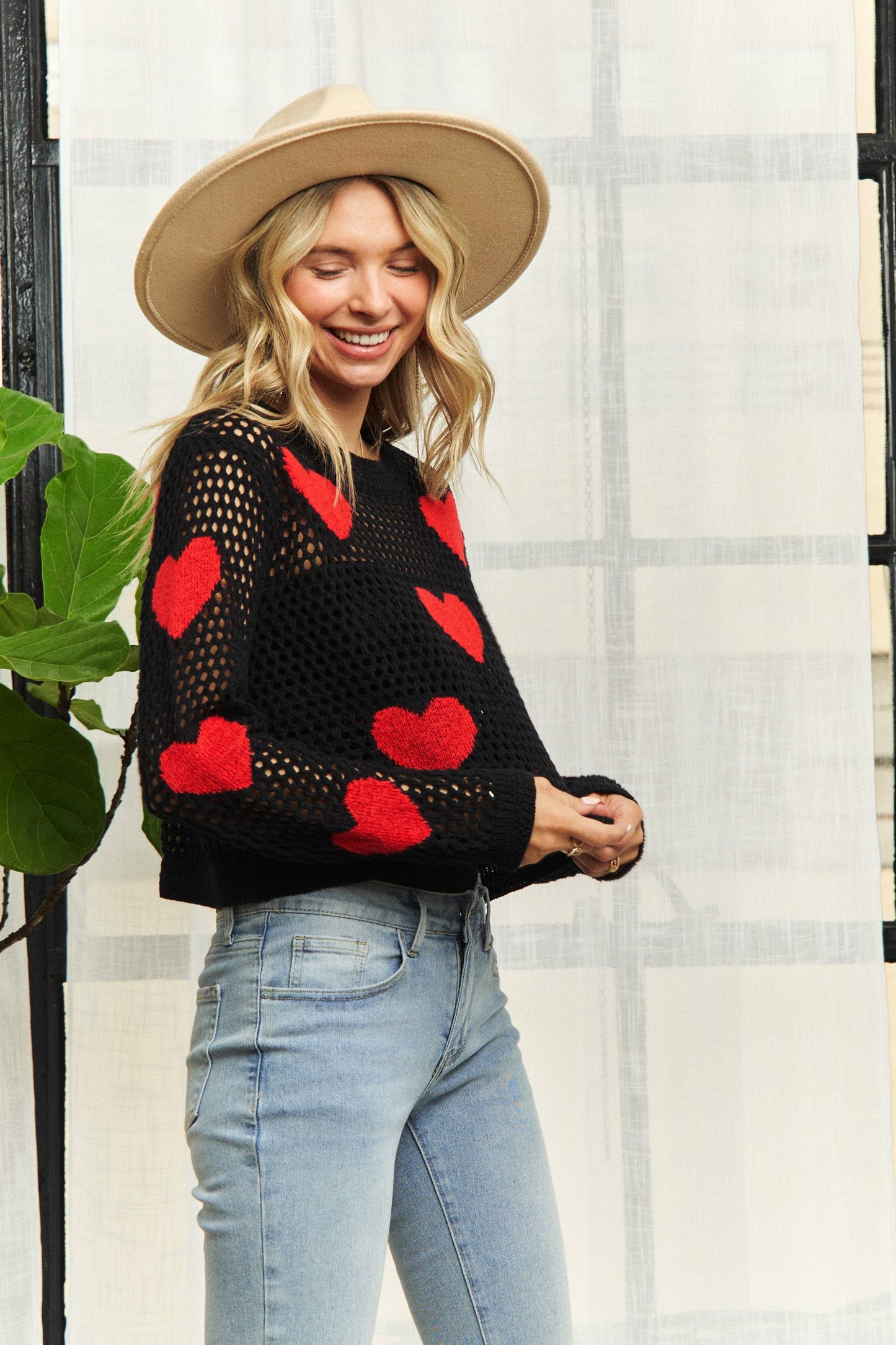 HEART PATTERN SWEATER OPEN KNIT TOP