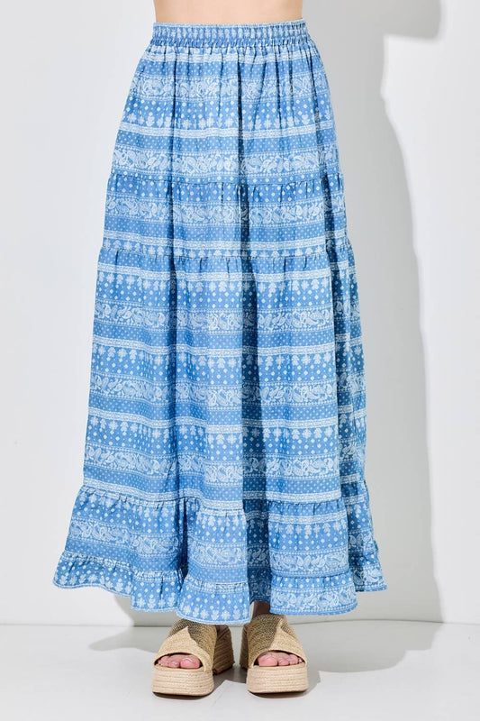 PRINTED PAISLEY ELASTIC WAIST MAXI SKIRT