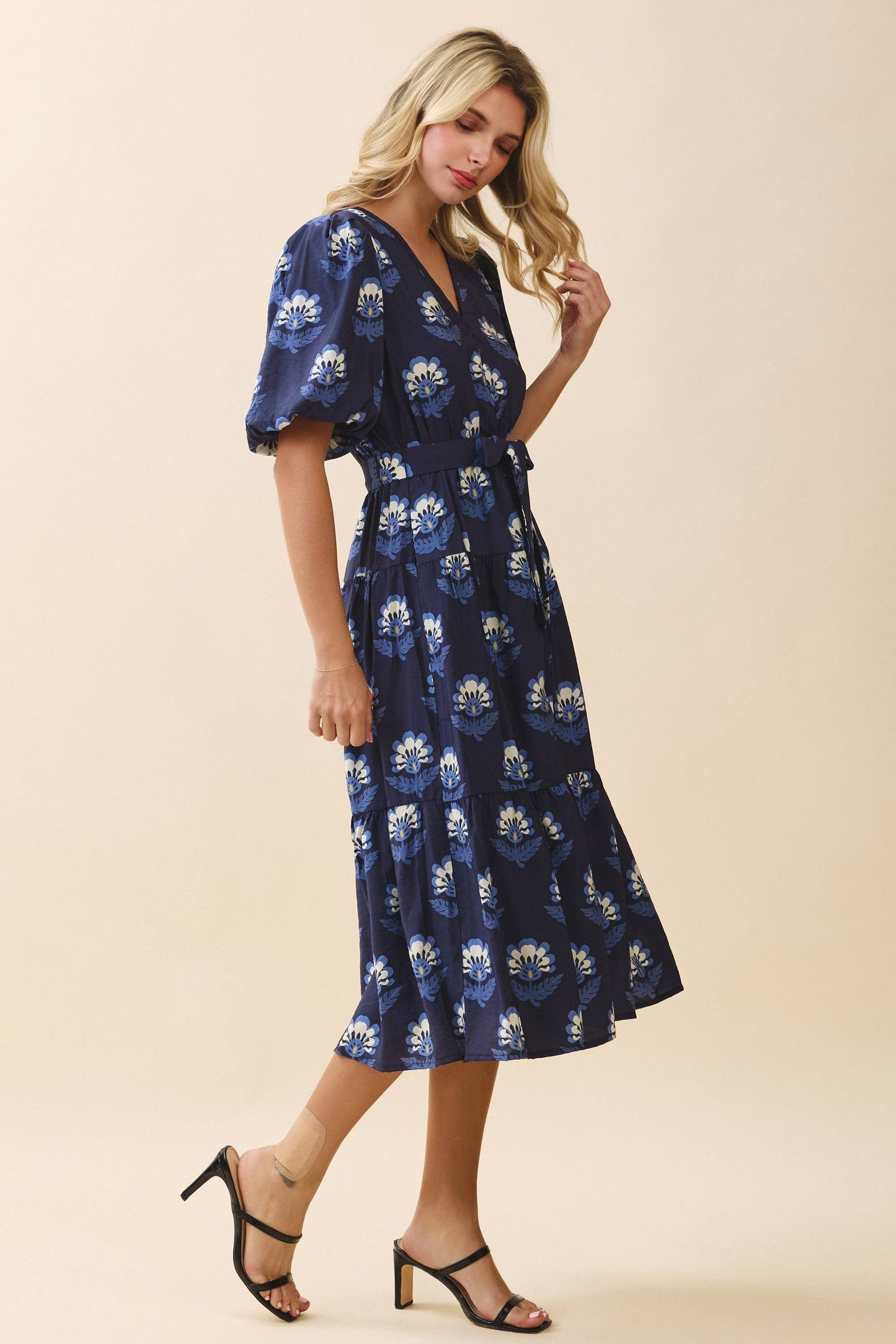 Floral Print Covered Button Down V Neck Dress