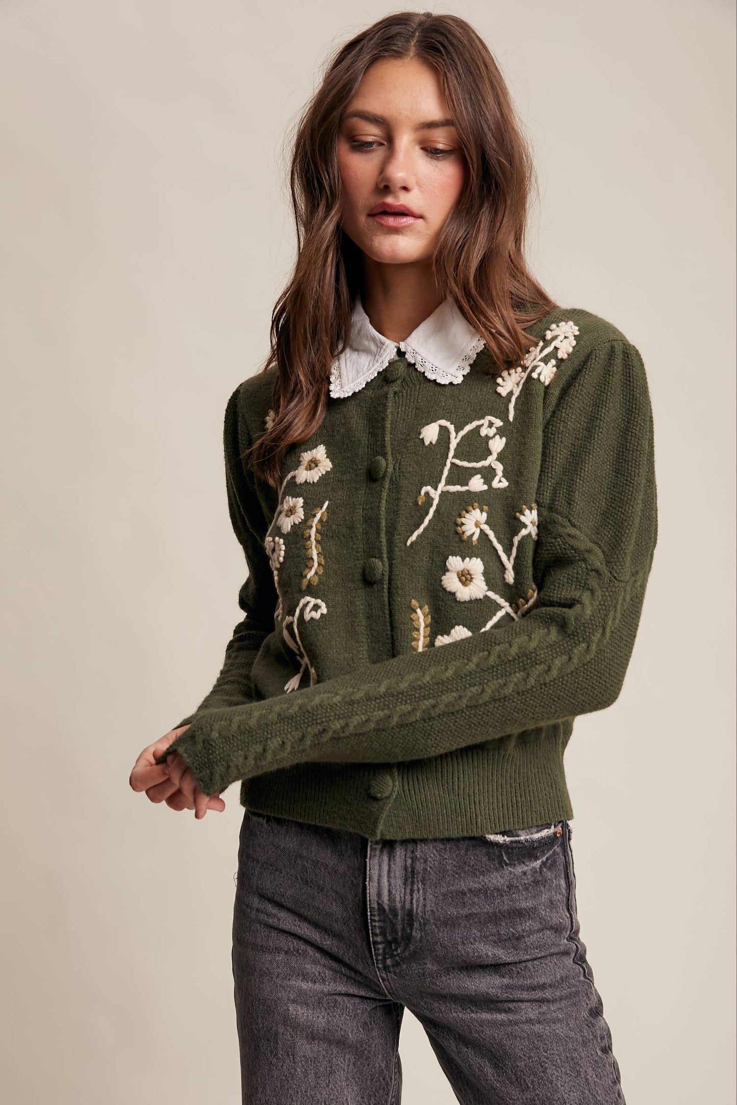 Floral Embroidered Puff Sleeve Cardigan