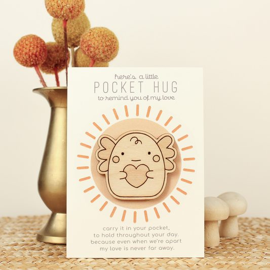 Wooden Pocket Hug, Axolotl. Thinking of You Gift