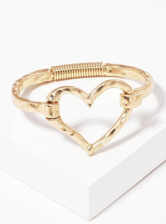 Hammered Metal Heart Hook Clasp Hinged Bracelet