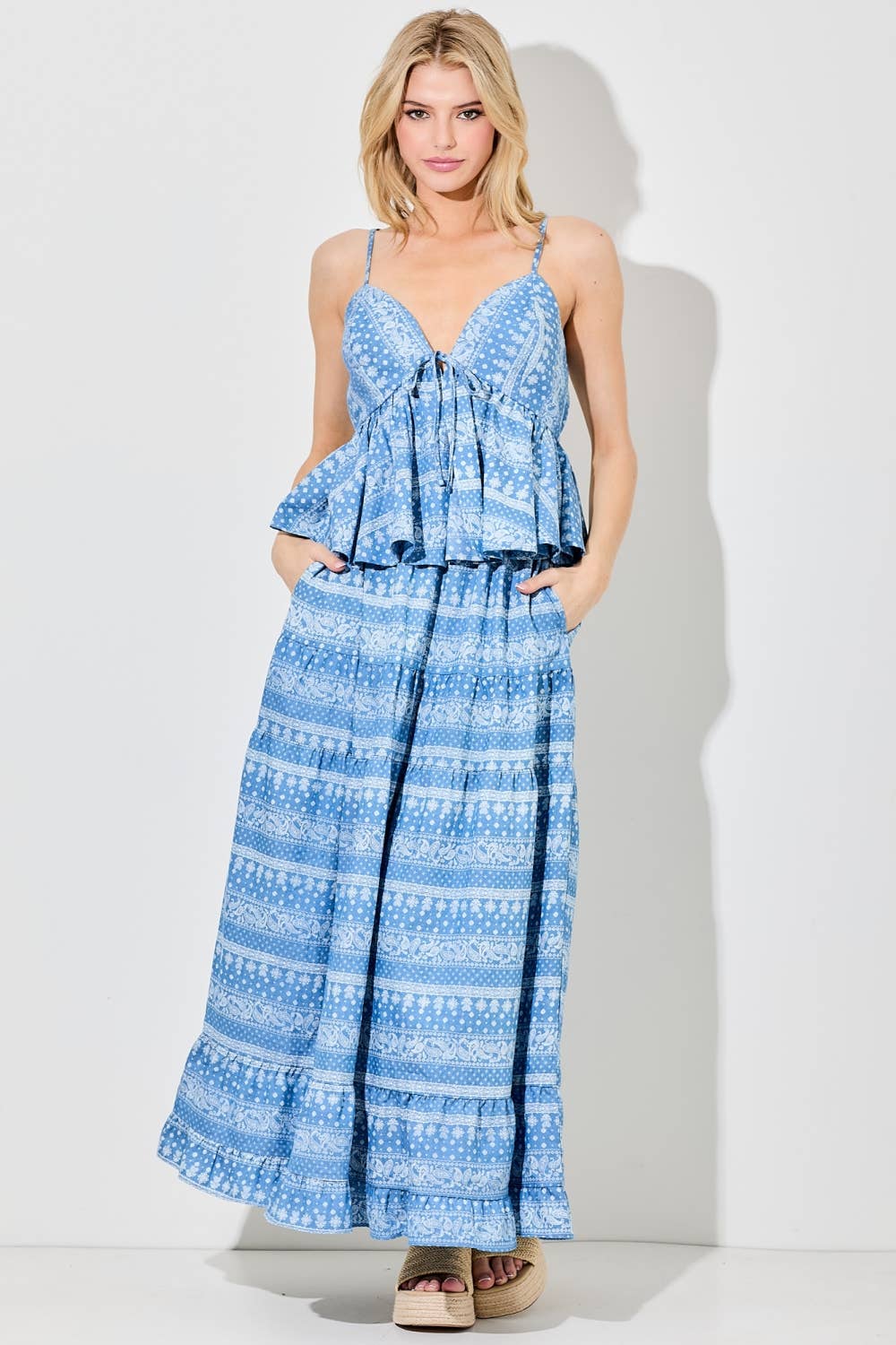 PRINTED PAISLEY ELASTIC WAIST MAXI SKIRT