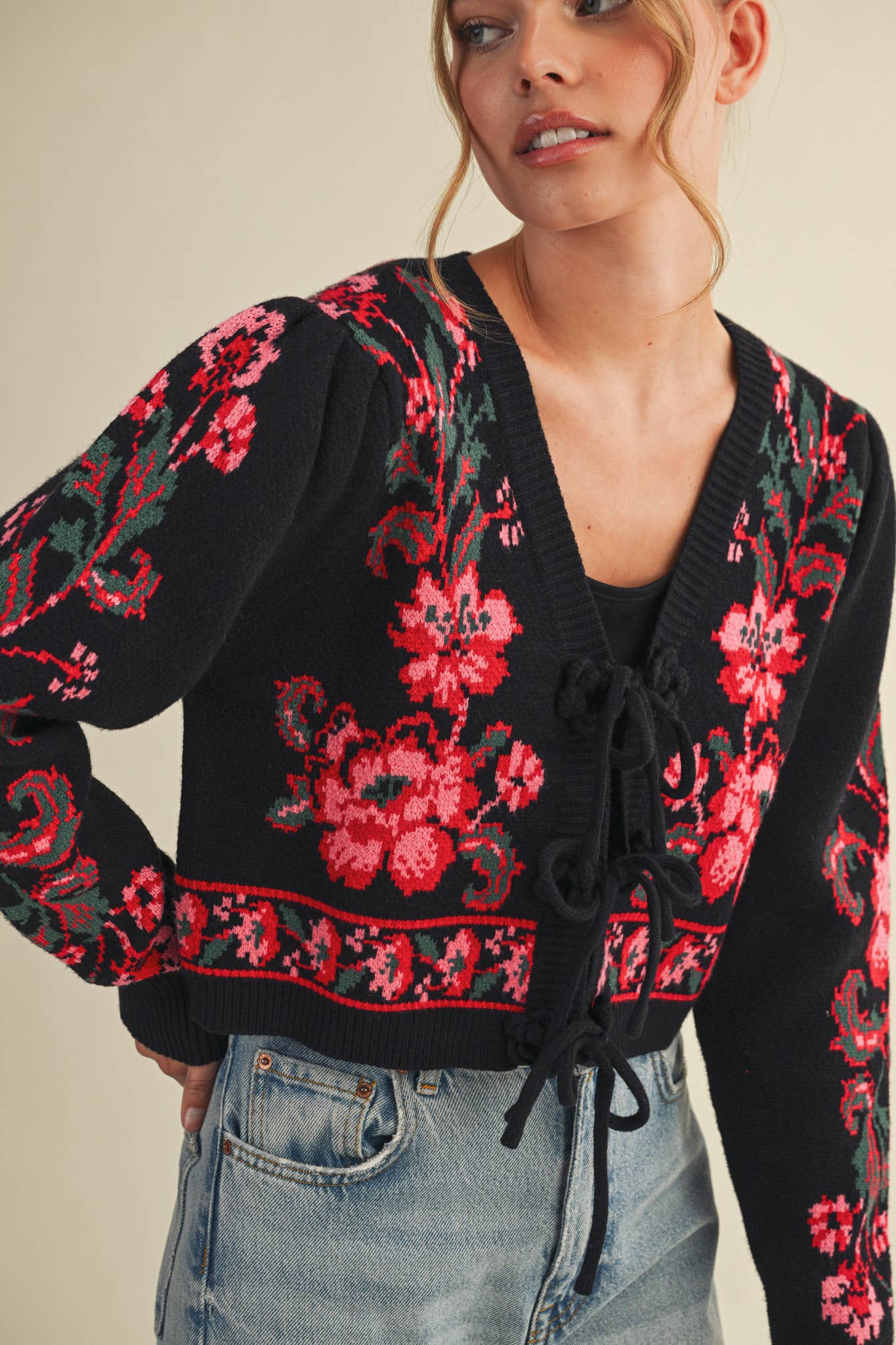 FLORAL KNIT TIE-FRONT CROPPED SWEATER CARDIGAN