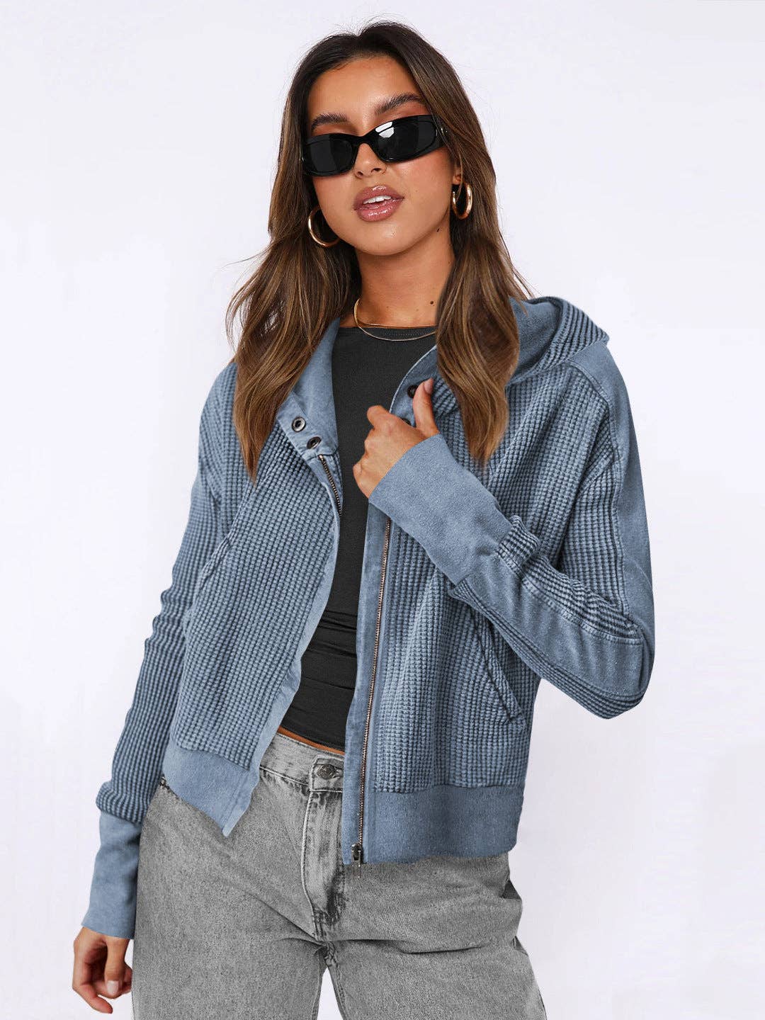 Hooded Cropped Waffle Jacket