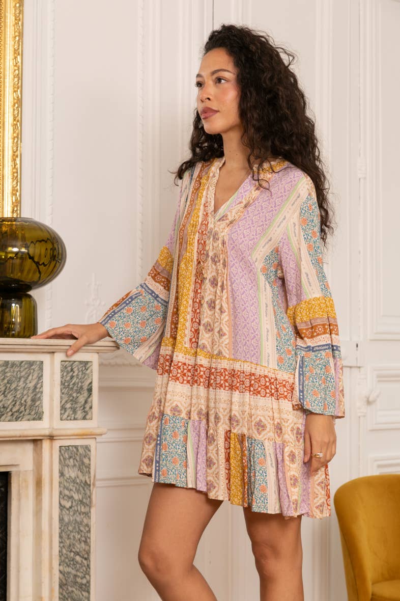 Ethnic print tunic dress buttoned at the front.