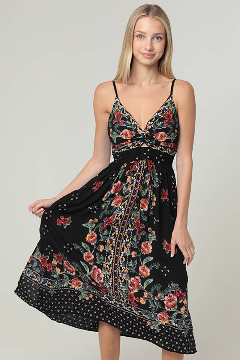 V NECK TWIST FRONT MID LENGTH DRESS