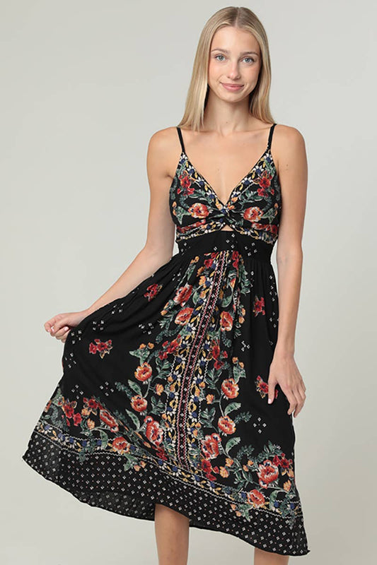 V NECK TWIST FRONT MID LENGTH DRESS
