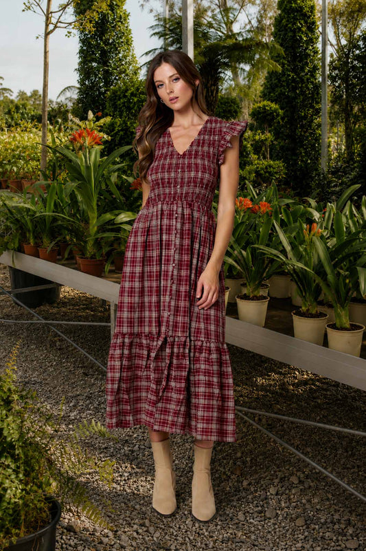 PLAID SMOCKED V NECK BUTTON DOWN RUFFLED MIDI DRES