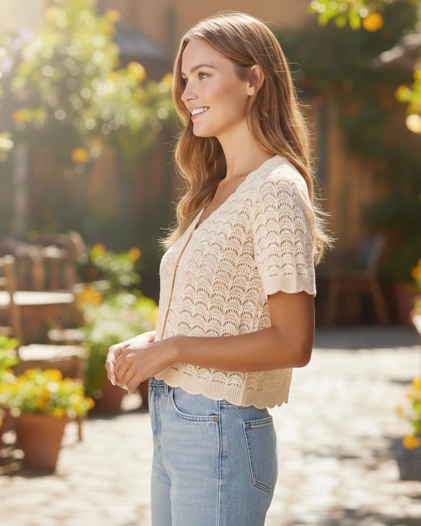 Women’s Open Knit Scallop Hem Button Front Top