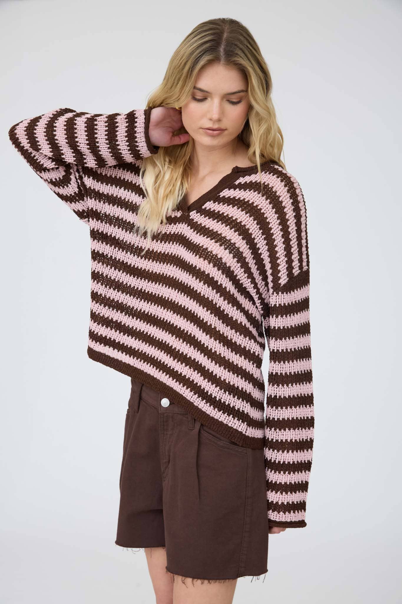 STRIPE RAW EDGE SPLIT NECK SHEER KNIT SWEATER