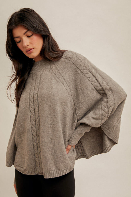 Cable Knit Mock Neck Poncho