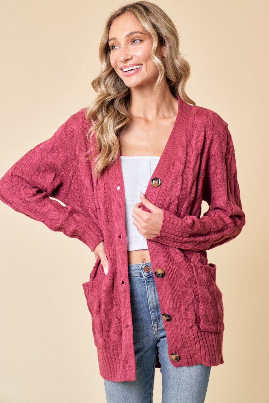 Chunky Cable Knit Button Front Cardigan