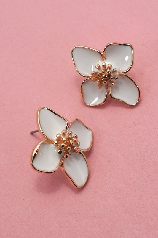 EPOXY WHITE ON GOLD FLOWER STUD EARRINGS