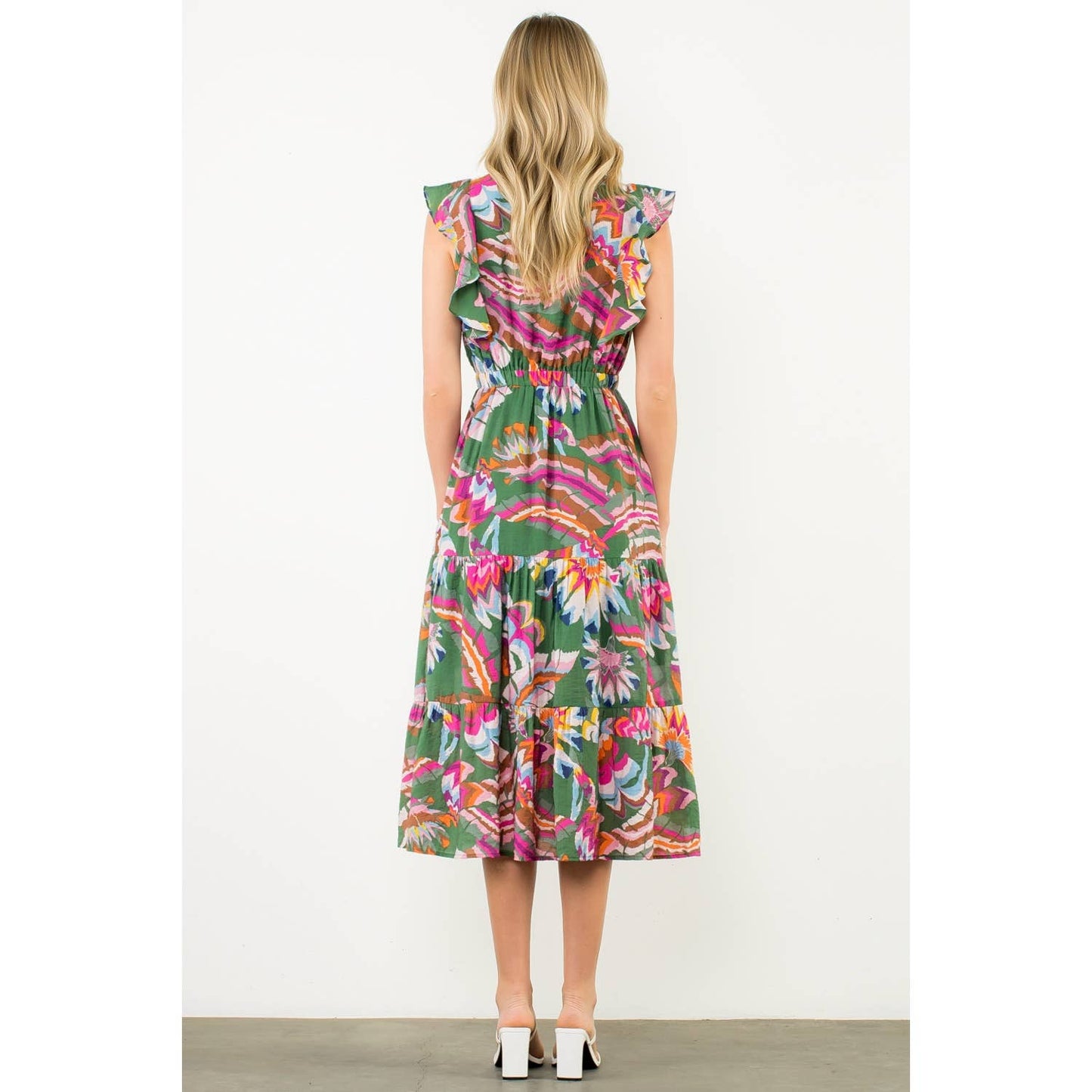 Pleated Ruffle Flutter Sleeve Midi Dress