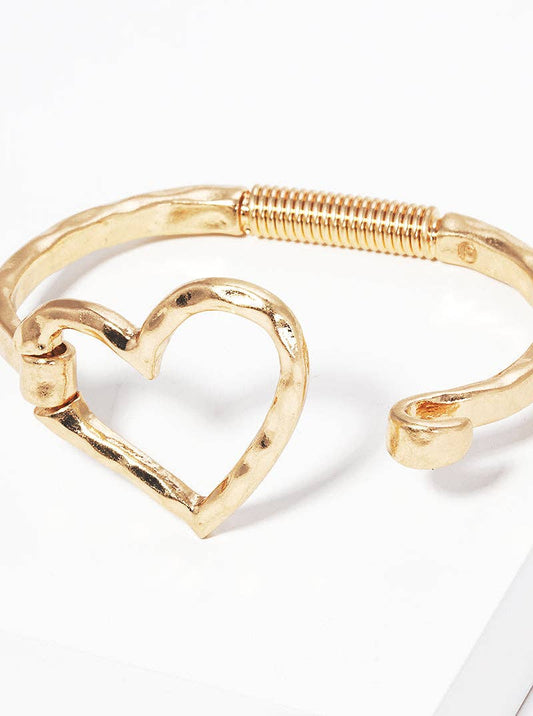 Hammered Metal Heart Hook Clasp Hinged Bracelet