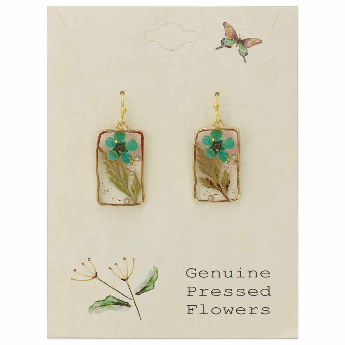 Cottage Turquoise Dried Flower Rectangle Earrings