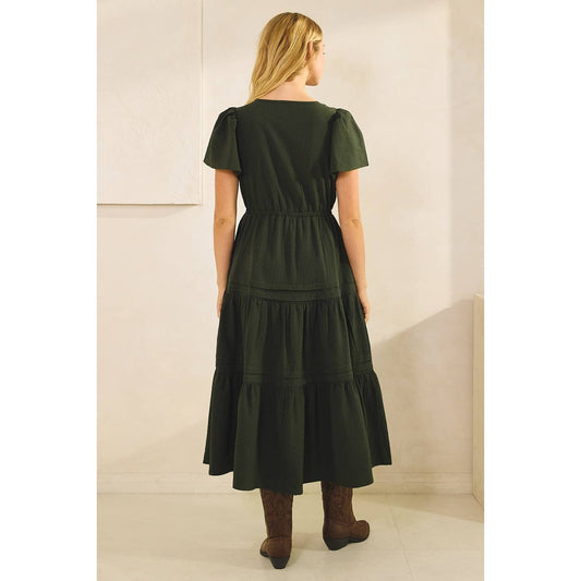 TEXTURED PINTUCK BELL SLEEVE TASSEL TIE MIDI DRESS