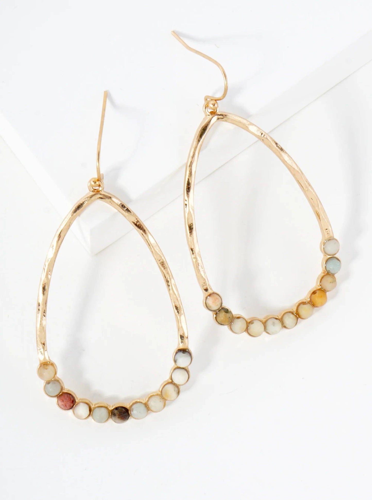 Semi-Precious Natural-Stone Beaded Hammered-Texture Teardrop Dangle Earrings