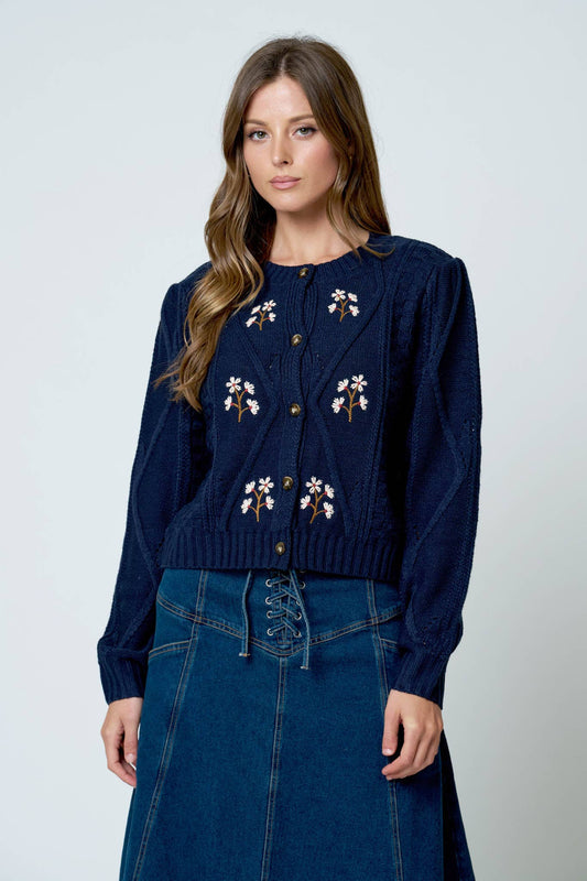 FLORAL EMBROIDERED CABLE KNIT BUTTON DOWN CARDIGAN