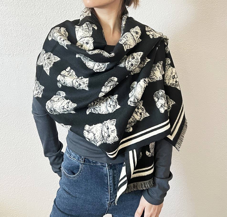 Kitten Print Reversible Cashmere Wrap Scarf