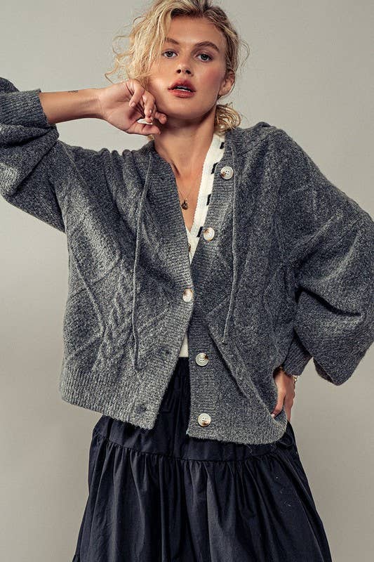 Knit Hooded Button-down Cardigan