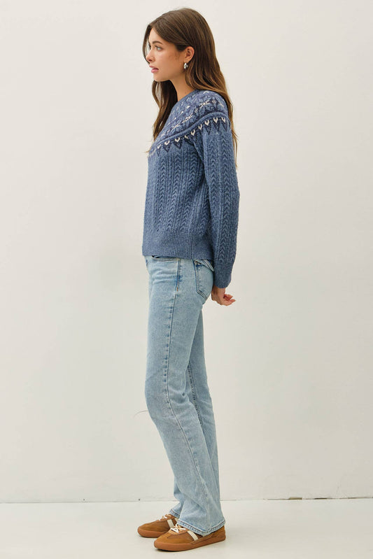 NORDIC JACUARD CREWNECK CABLE SWEATER